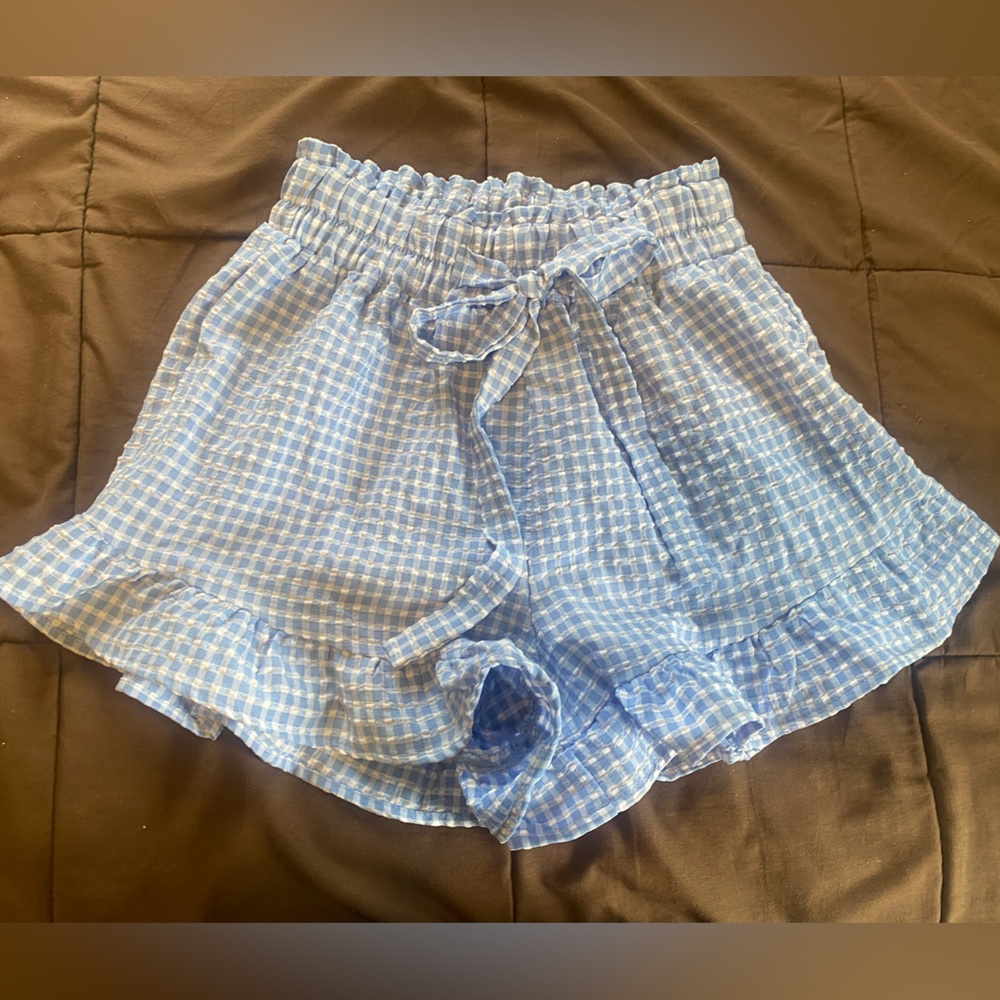 Blue and white checkered flare tie shorts